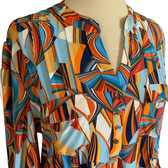 COCOMO XL 3/4 sleeve blue orange multicolored women’s pintuck Blouse top… - Picture 8 of 14